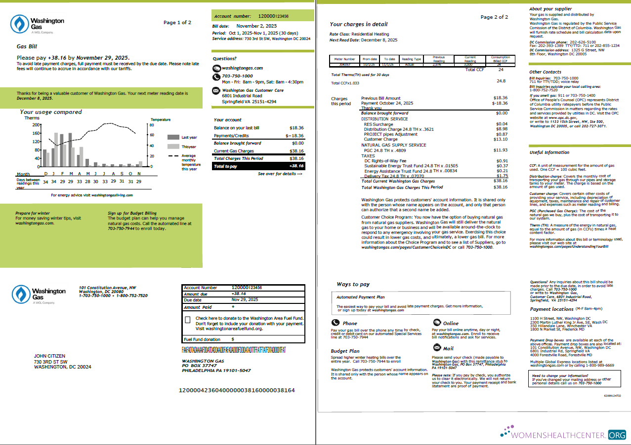 download USA Washington Gas utility bill template in Word and PDF formats, 2 pages PDF template